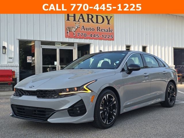 2021 Kia K5 GT-Line in Wolf Gray — front three-quarter view